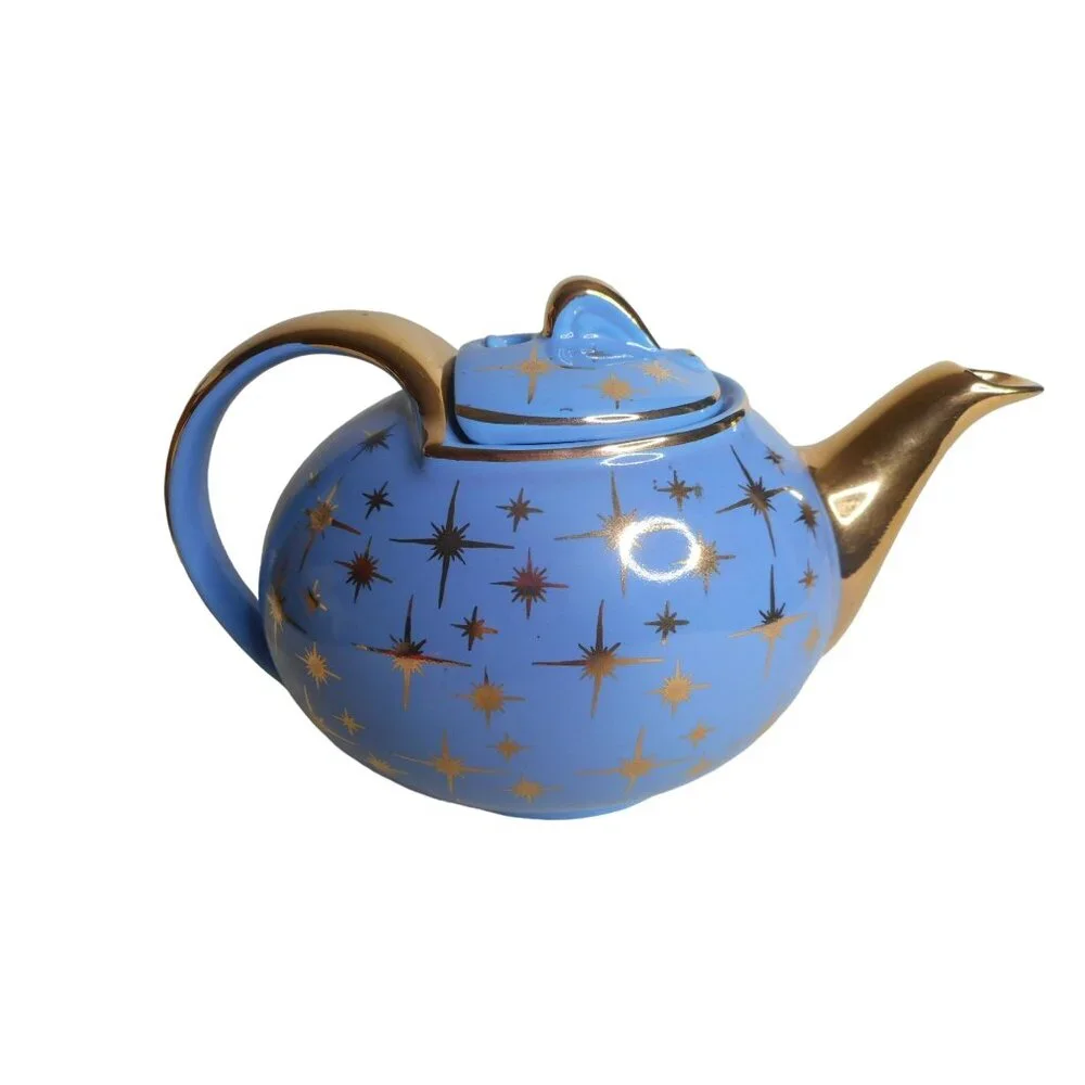 EUC VTG 1950s Hall Periwinkle Blue & Gold Atomic Starburst 6 cup Teapot 0749GL - Picture 1 of 8